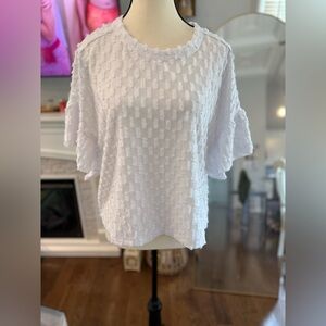 White Boxy Relaxed Blouse w swis dots and flowy sleeves